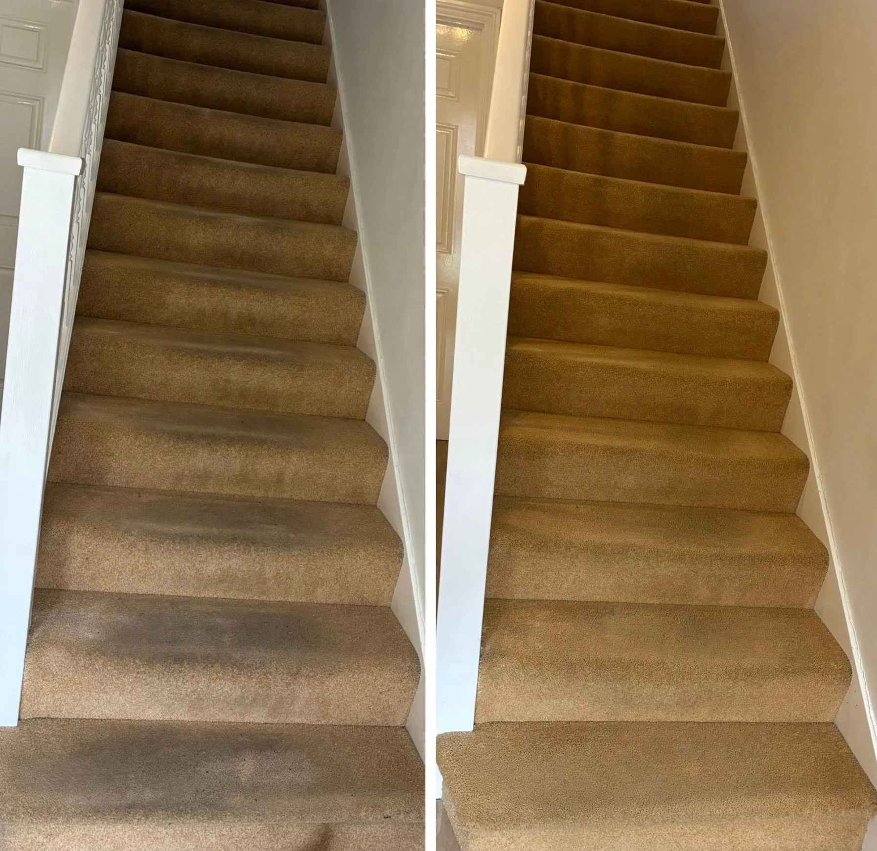 Before and after stair carpet cleaning in Hemel Hempstead — worn, dirty stairs deep-cleaned