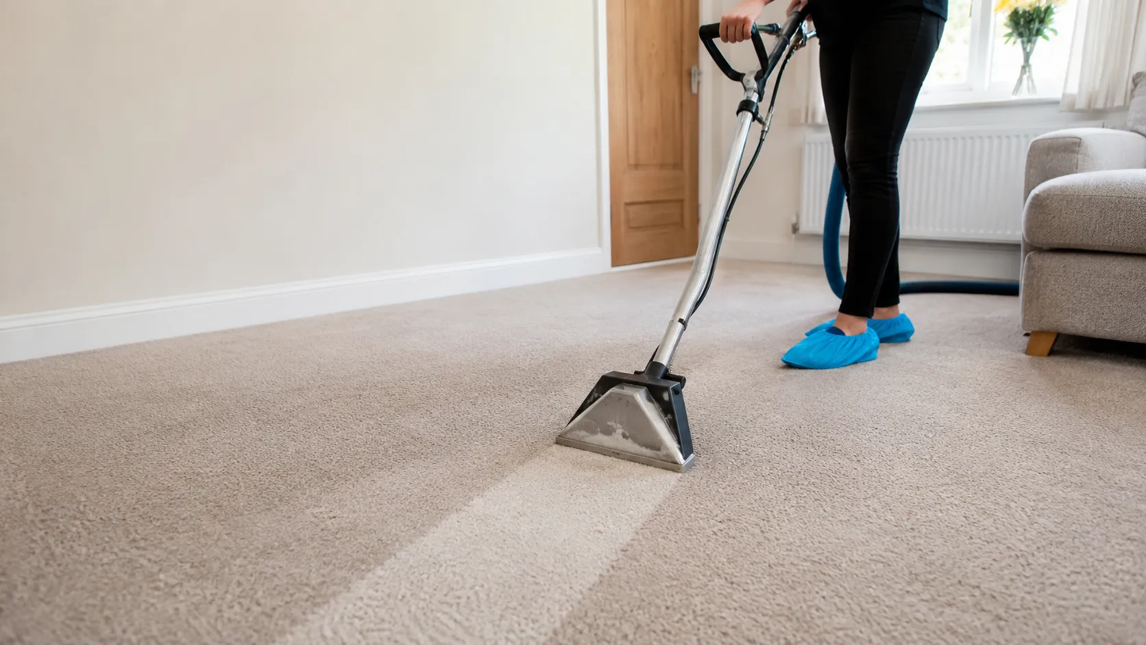 Professional carpet cleaning in a Hemel Hempstead living room, revealing a clean stripe in the pile