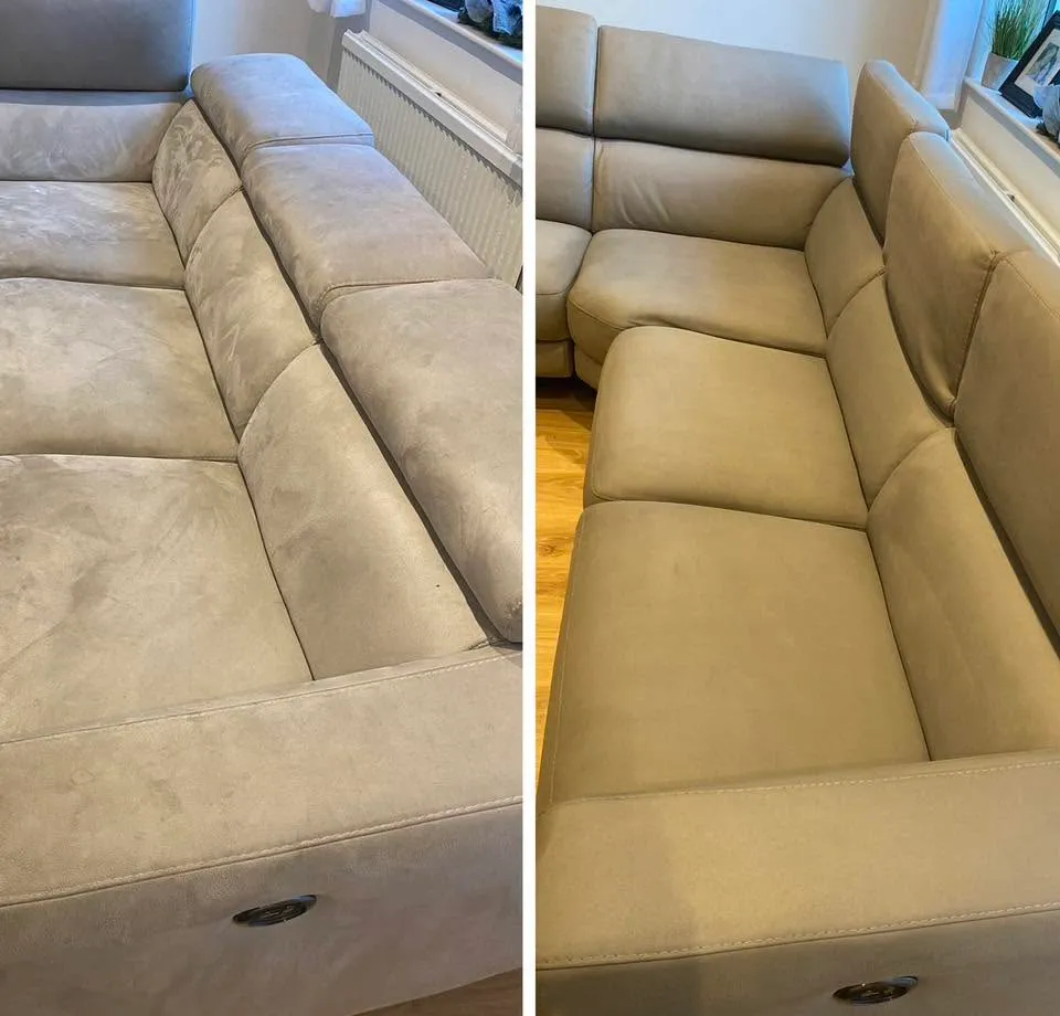 Before and after upholstery cleaning in Hertfordshire — a fabric sofa deep-cleaned and refreshed